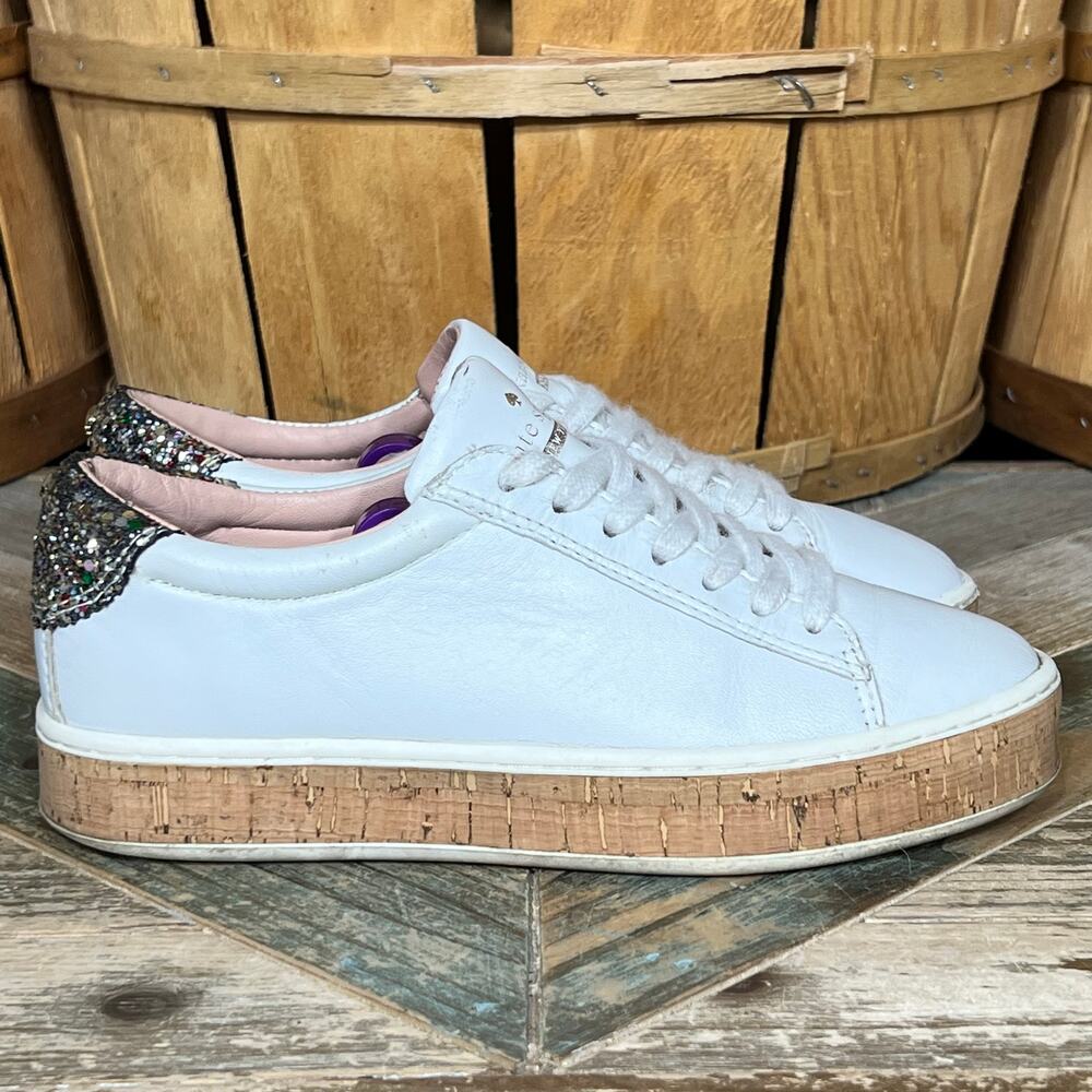 Kate Spade New York Amy Platform White Leather Glitter Cork Sneakers Womens 5